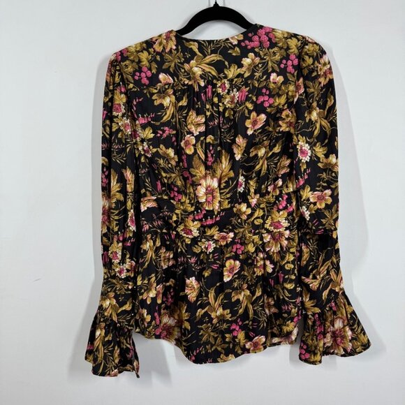 Anthropologie Button Front Peplum Hem Black Floral Ruffle Cuff Blouse Size Small - Picture 10 of 13